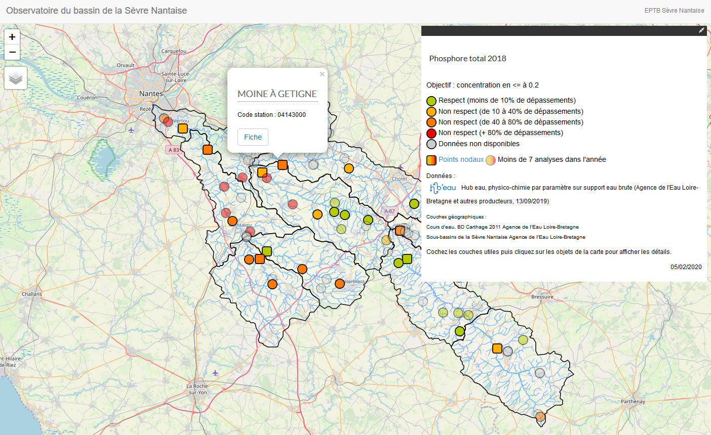 Cartographie des classes de concentration en Phosphore total dans les rivières du bassin